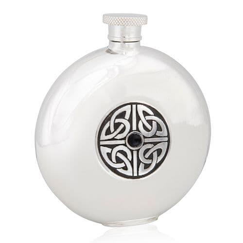 Round British pewter hip flask with 4-point knot design, artisan craftsmanship by My Store