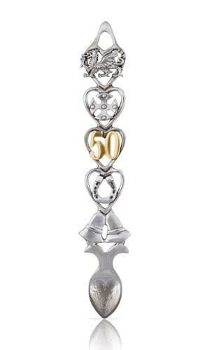 Handcrafted British pewter lovespoon in golden finish for 50th wedding anniversary, available in multiple sizes.