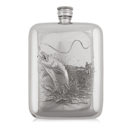 Handcrafted 6oz pewter fishing hip flask by My Store, featuring a sleek design, perfect for anglers.