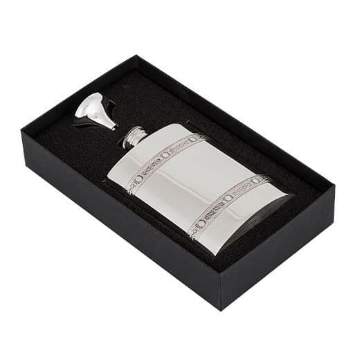 Handcrafted 6oz Celtic hip flask with pewter bands, British made, featuring intricate artisan design.