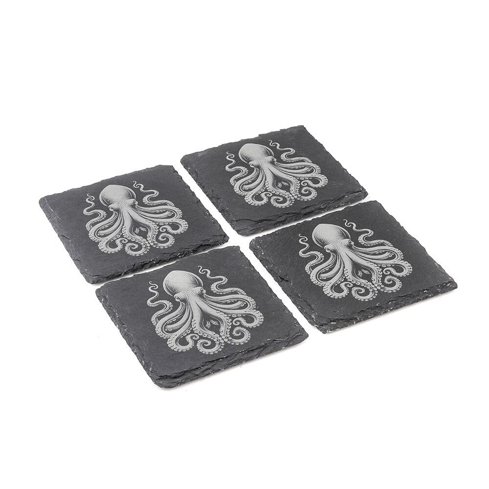 Set of four natural slate coasters with etched Octopus design