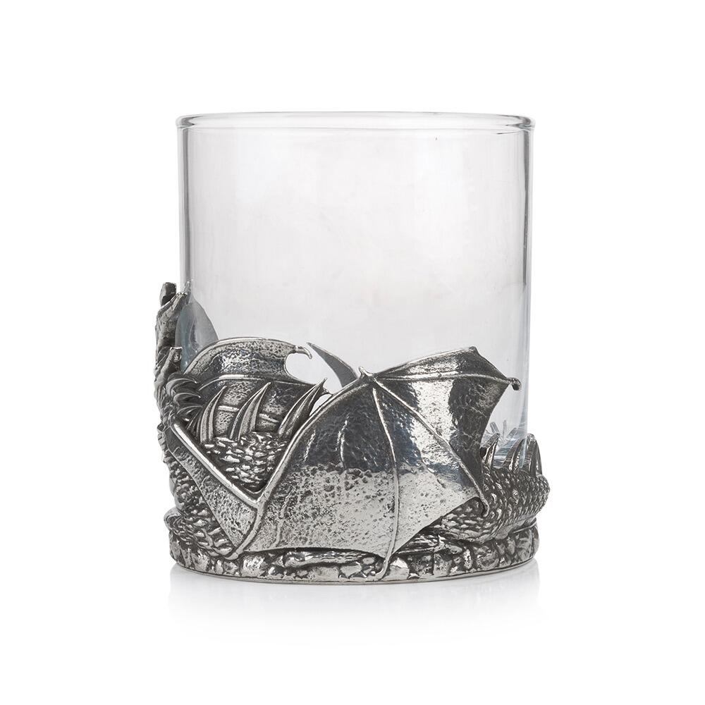 Glass tumbler with pewter dragon-wrapped base