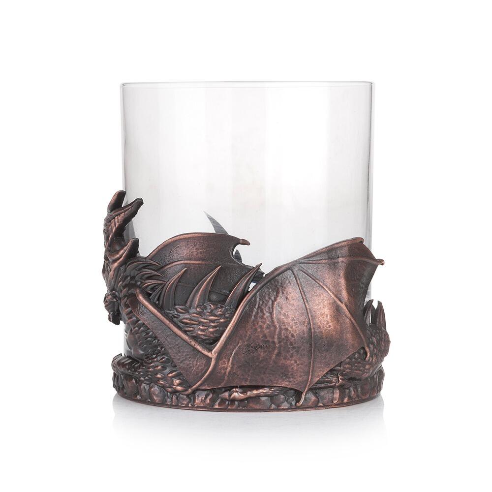 Glass tumbler with detailed bronze dragon-themed base