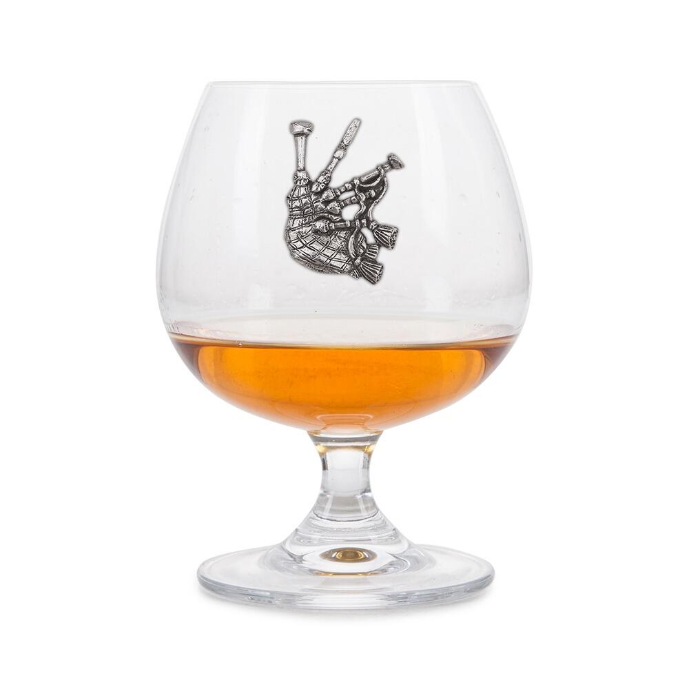 A Brandy Glass with a Handmade Pewter Bagpipe Badge on the front