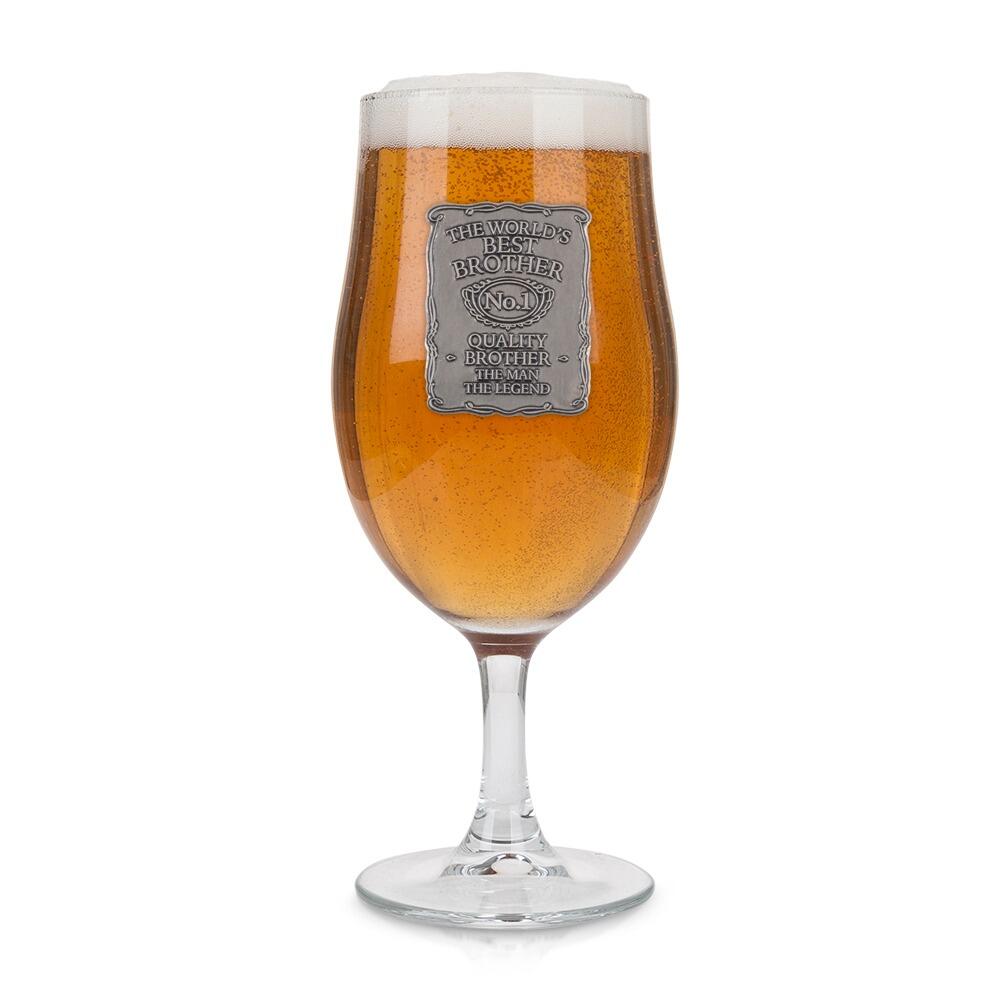 Pewter label stemmed pint glass with engraved "World's Best Dad" design by The Gifting Corner.