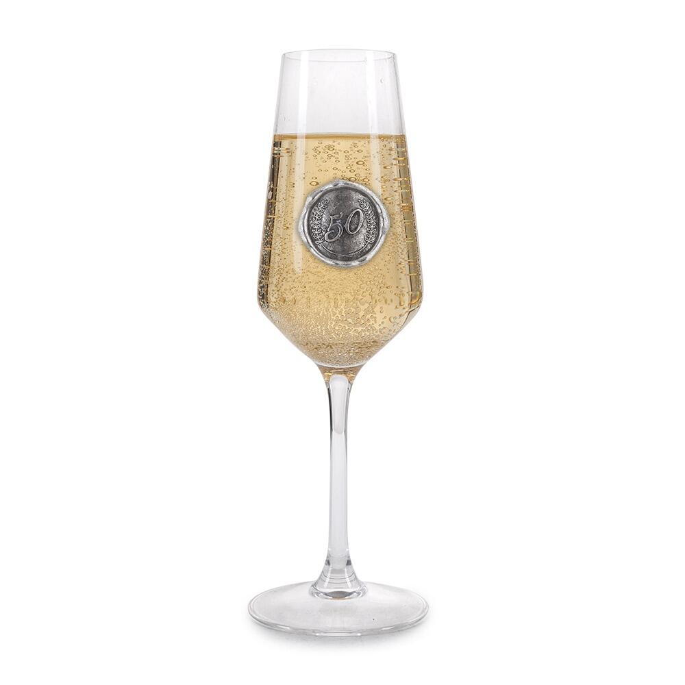 Personalised Champagne Glass With Pewter Birthday Number Monogram Seal