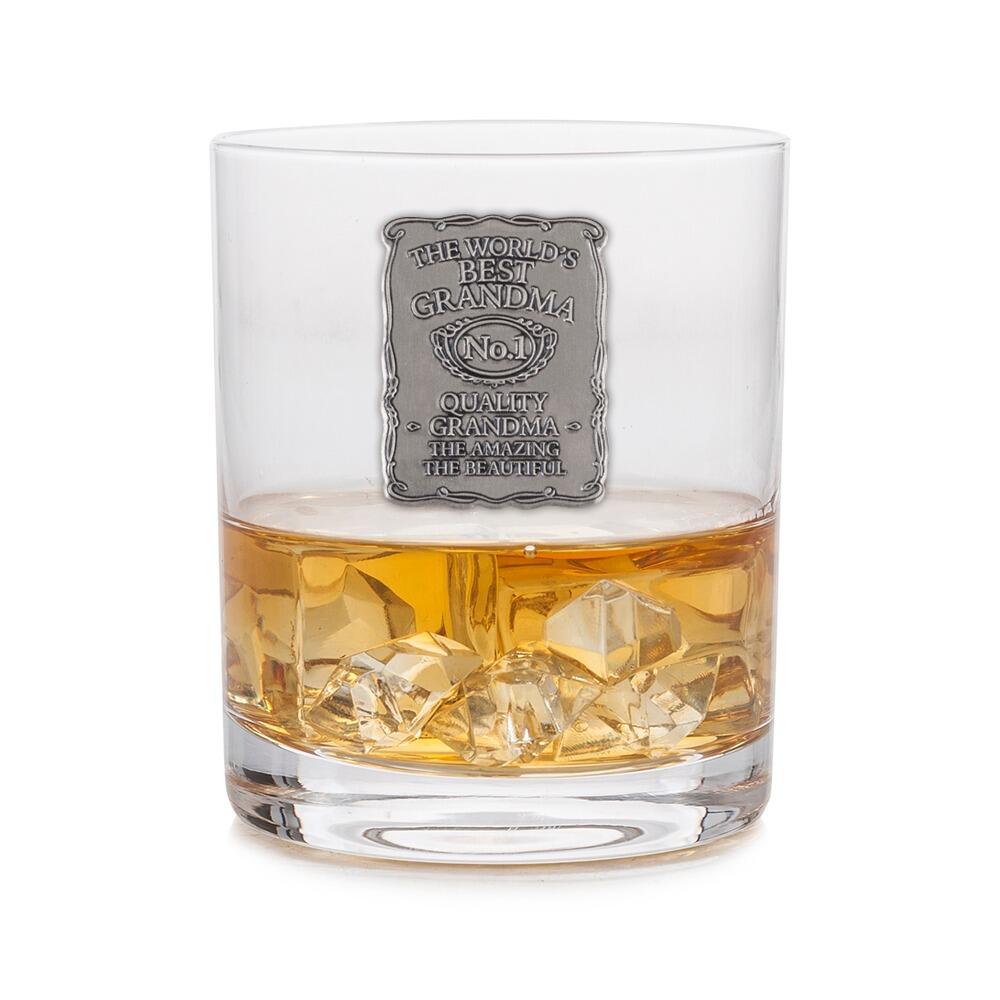A Whisky Tumbler with a Pewter Label of Worlds Best Grandma on the front