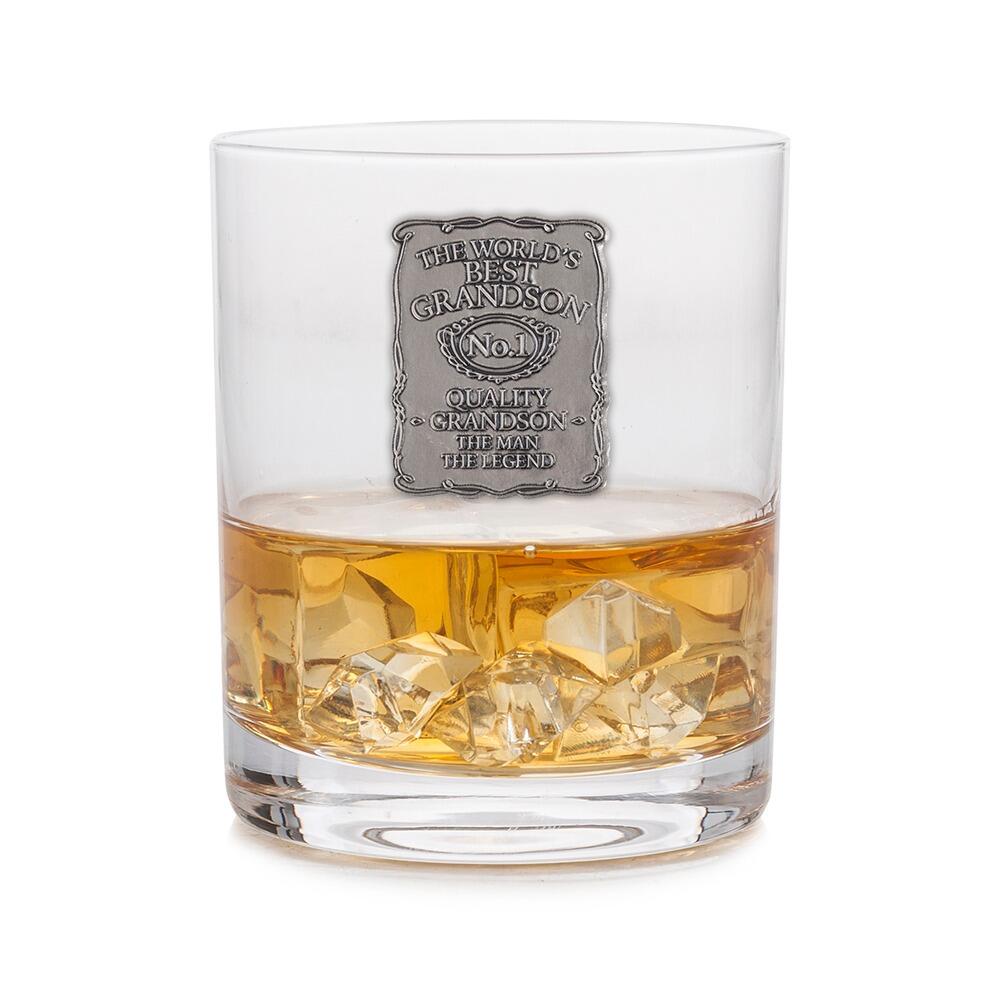 A Whisky Tumbler with a Pewter Label of Worlds Best Grandson on the front