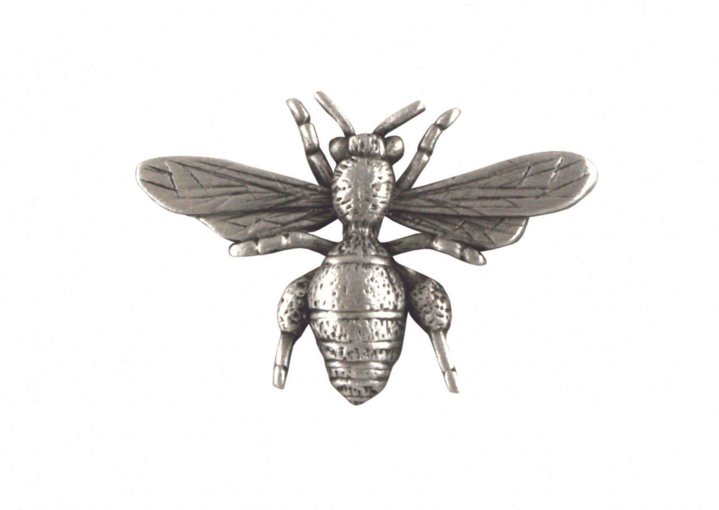 Silver bee brooch with detailed wings and body design.