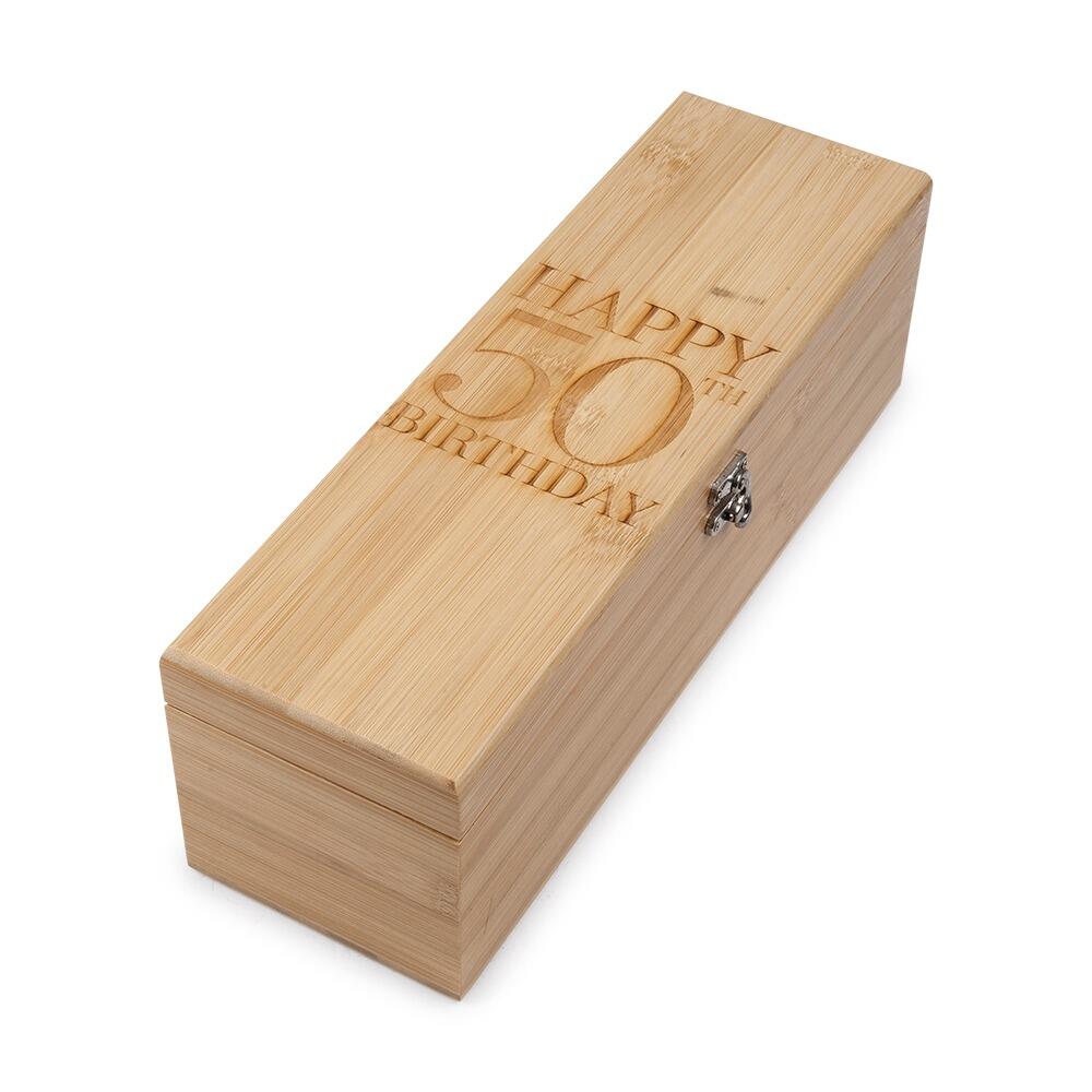 Wooden Bottle Box with "Happy 50th Birthday" engraved onto the Lid