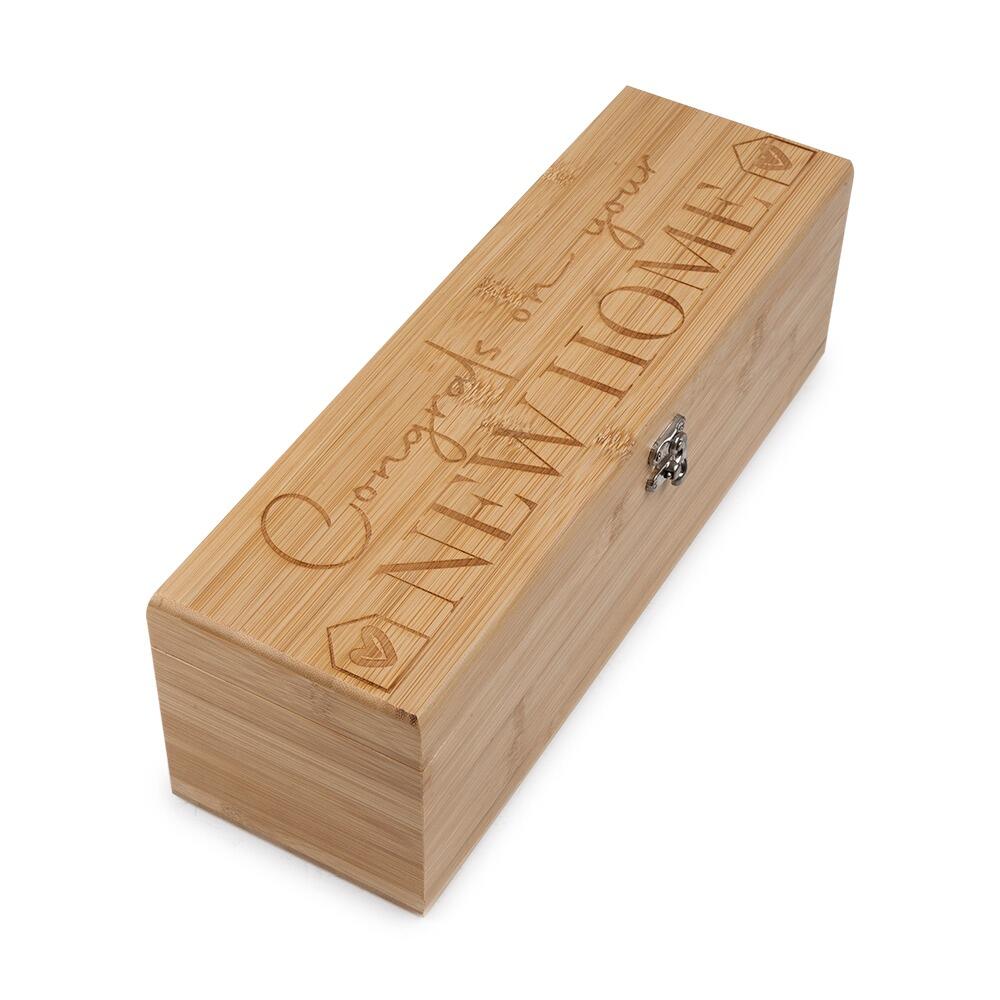 Wooden Bottle Box with "Congratulations on your New Home" engraved onto the Lid