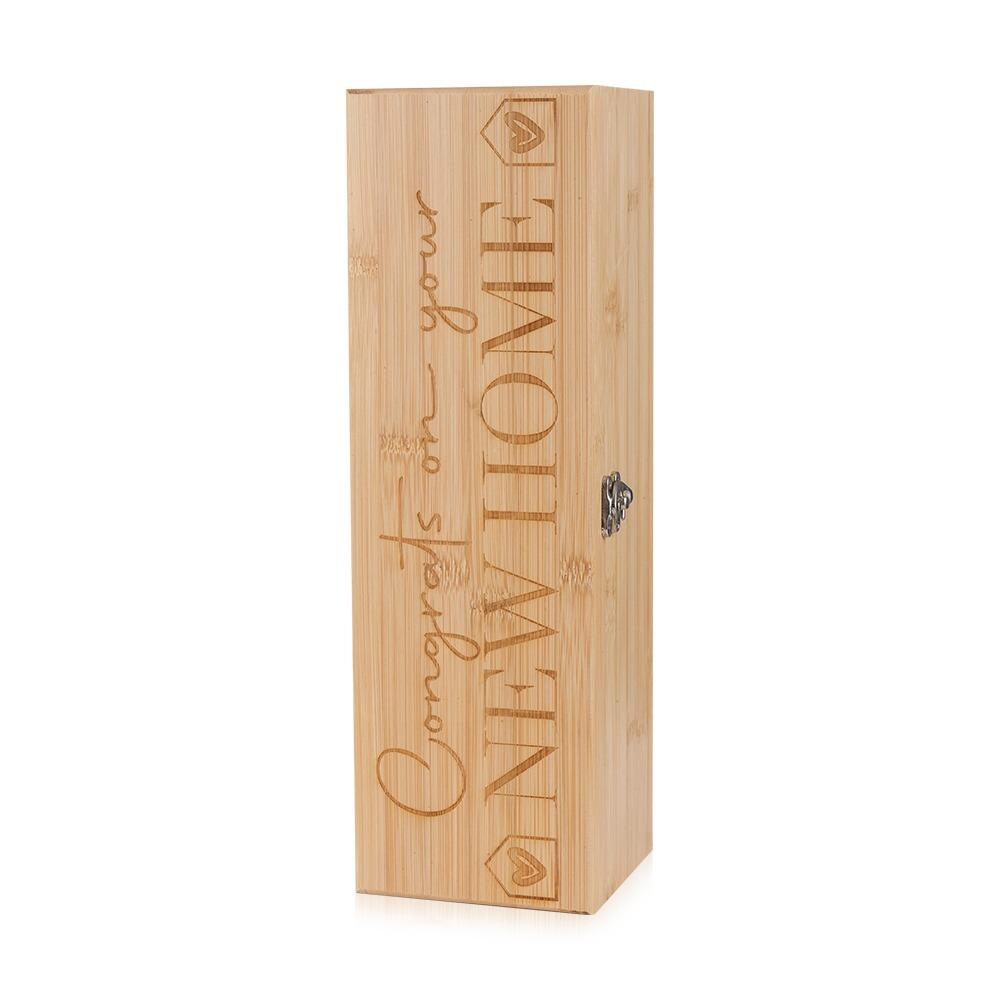 Wooden Bottle Box with "Congratulations on your New Home" engraved onto the Lid Standing Upright