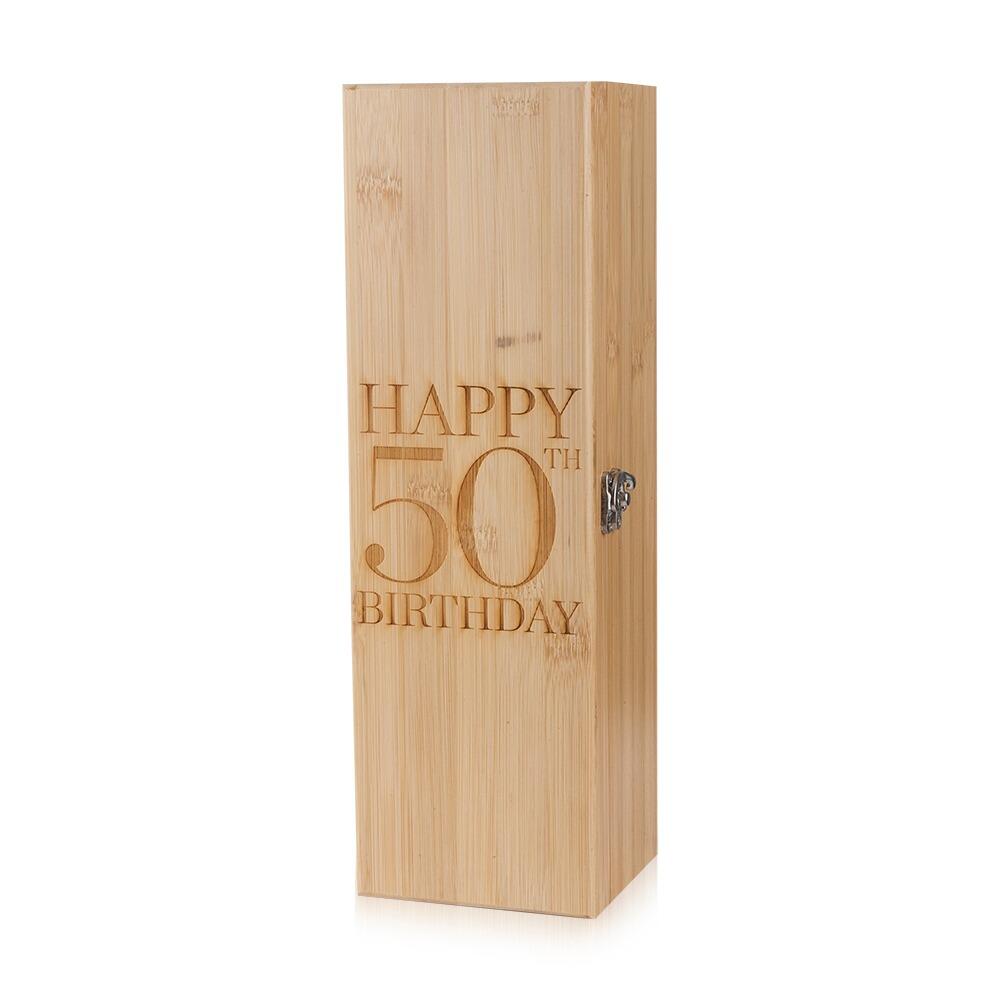 Wooden Bottle Box with "Happy 50th Birthday" engraved onto the Lid Standing Upright