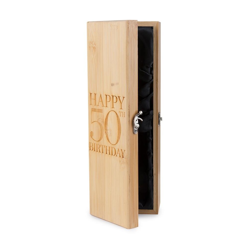 Wooden Bottle Box with "Happy 50th Birthday" engraved onto the Lid partly open