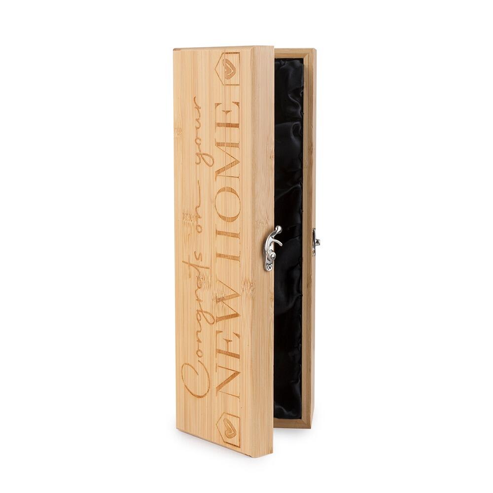 Wooden Bottle Box with "Congratulations on your New Home" engraved onto the Lid partly open