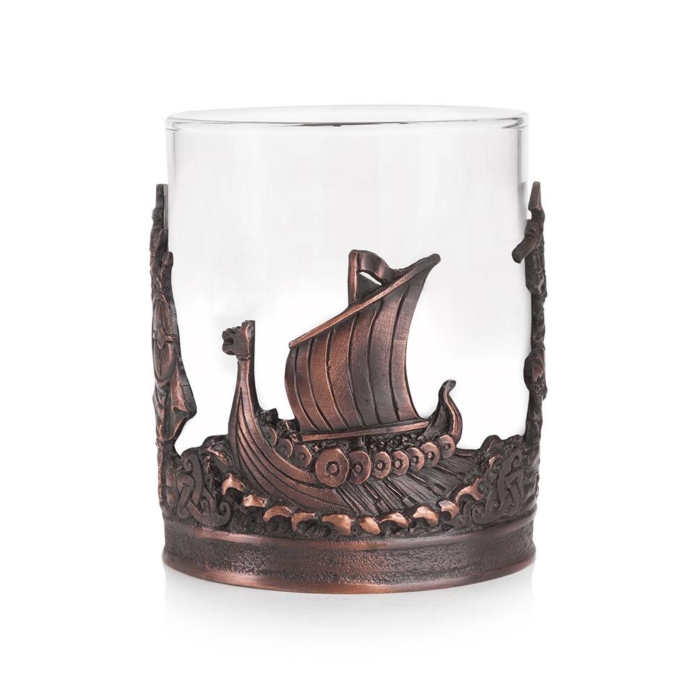 Glass tumbler with pewter Viking Ship themed base