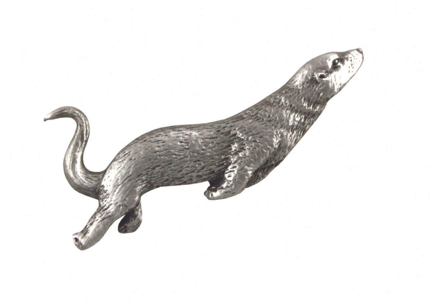 Silver metal otter figurine with detailed texture and a playful pose.