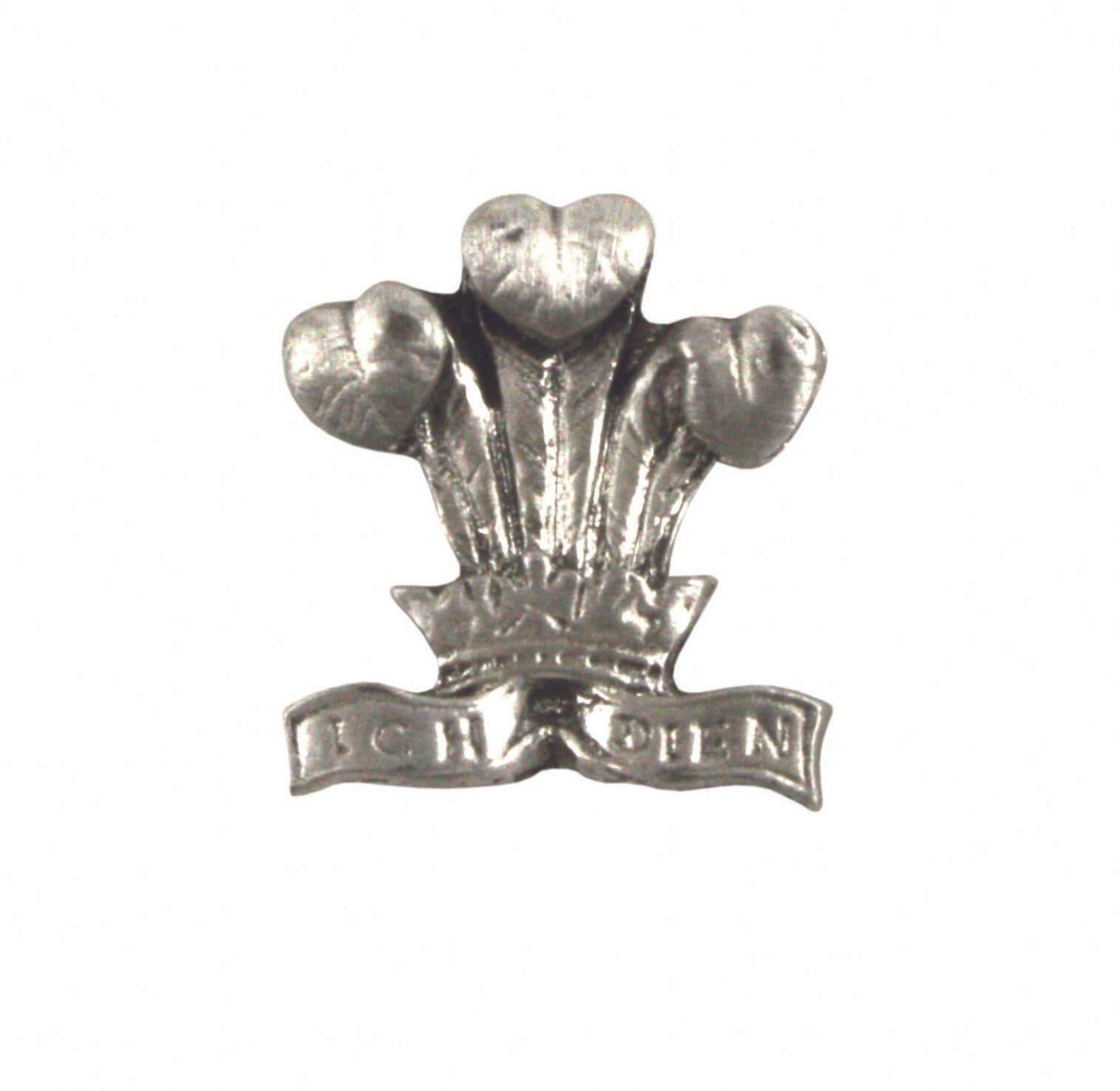 Silver crown badge with three hearts and a ribbon reading "Ich Dien