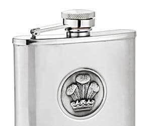 Silver stainless steel flask with a crown emblem and screw-top lid.