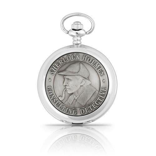 Silver pocket watch featuring Sherlock Holmes engraving and a classic round design.