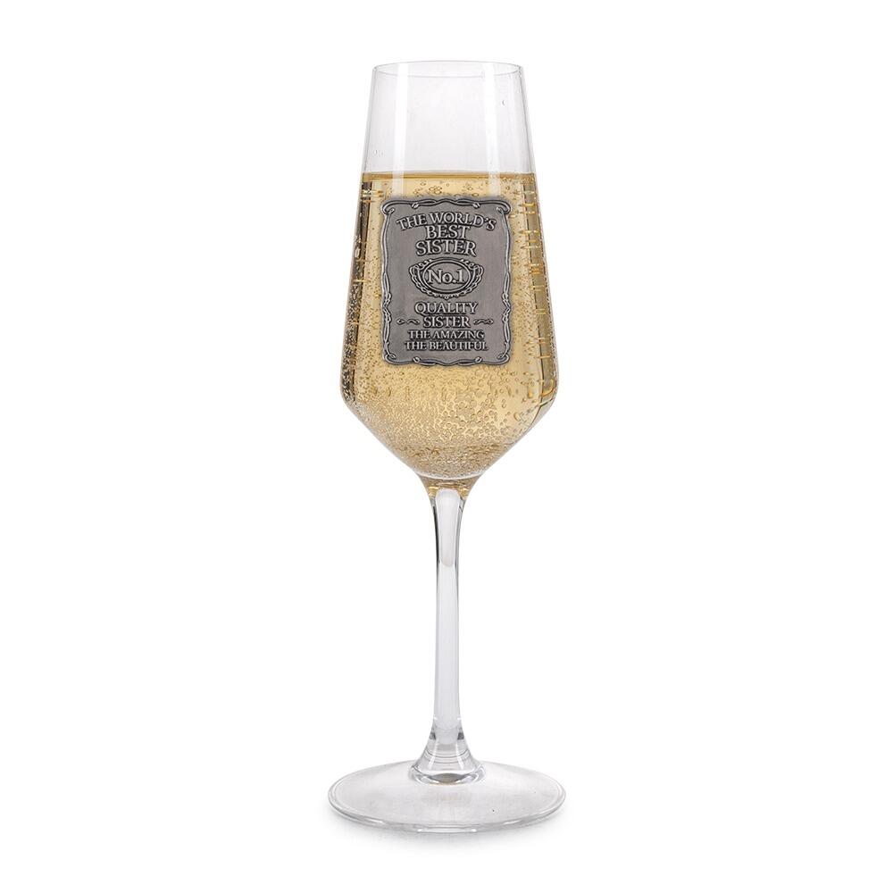 Personalized champagne glass with pewter label, 22cm height, 230ml capacity, available in 11 designs by The Gifting Corner.