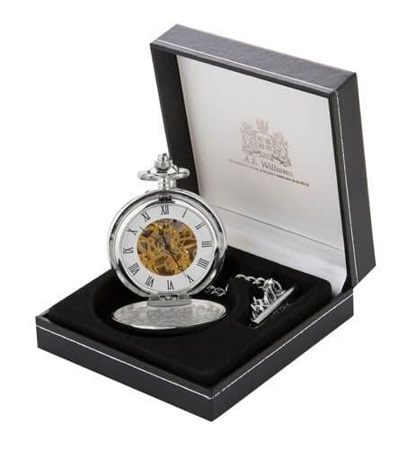 Silver pocket watch with skeleton dial and Roman numerals, presented in a black gift box.