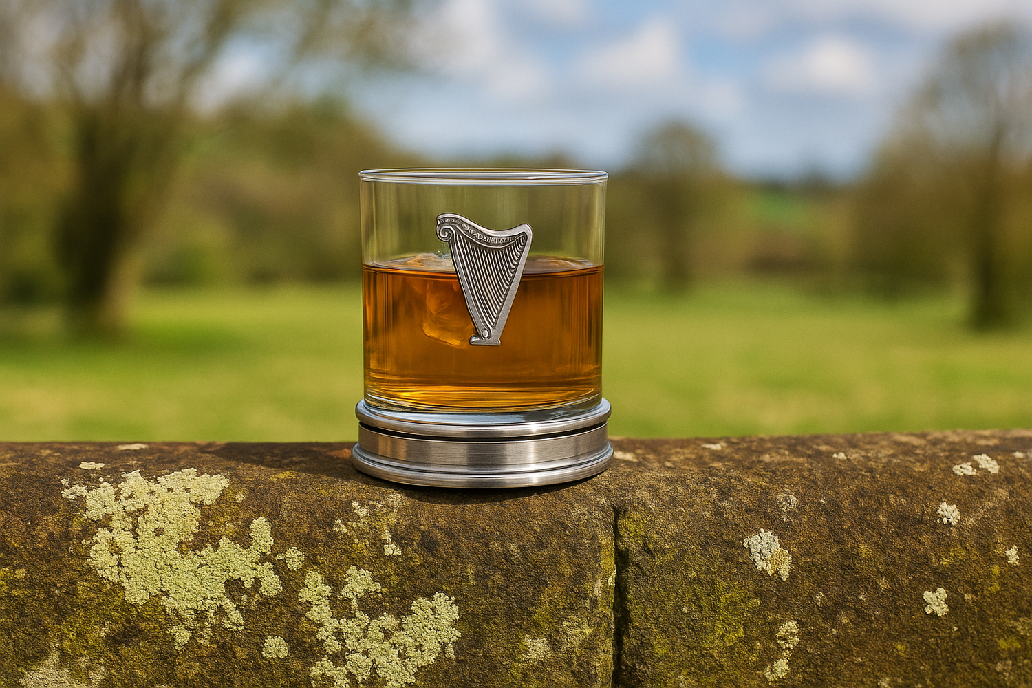 Pewter whisky tumbler with a harp design, featuring a clear glass and a silver base, set outdoors.