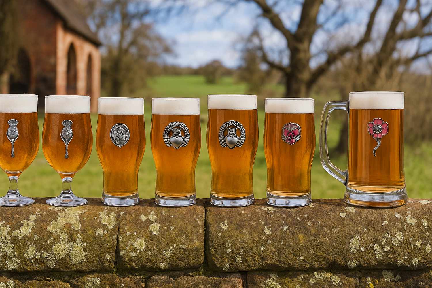 Pewter-adorned pint glasses with amber beer, showcasing various decorative designs