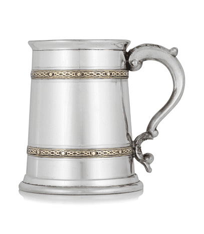 Handcrafted pewter 1-pint tankard with brass bands by My Store, perfect for beer lovers and special occasions.