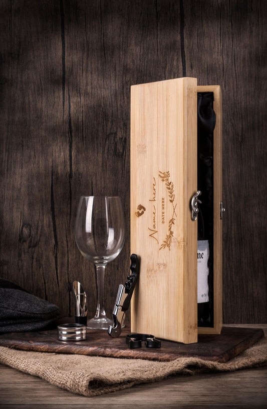 Personalised bamboo wine presentation box with elegant floral design, Baby feet and name engraving, featuring luxury wine accessoriesand birth date, including luxury wine accessories