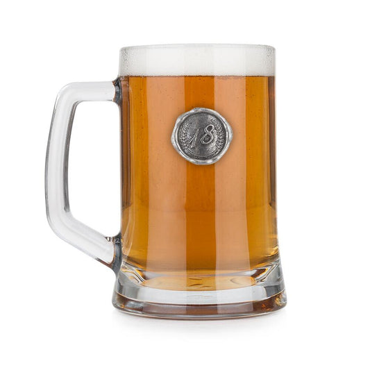Personalised pint glass tankard with pewter birthday number monogram seal, available in multiple letter options by The Gifti