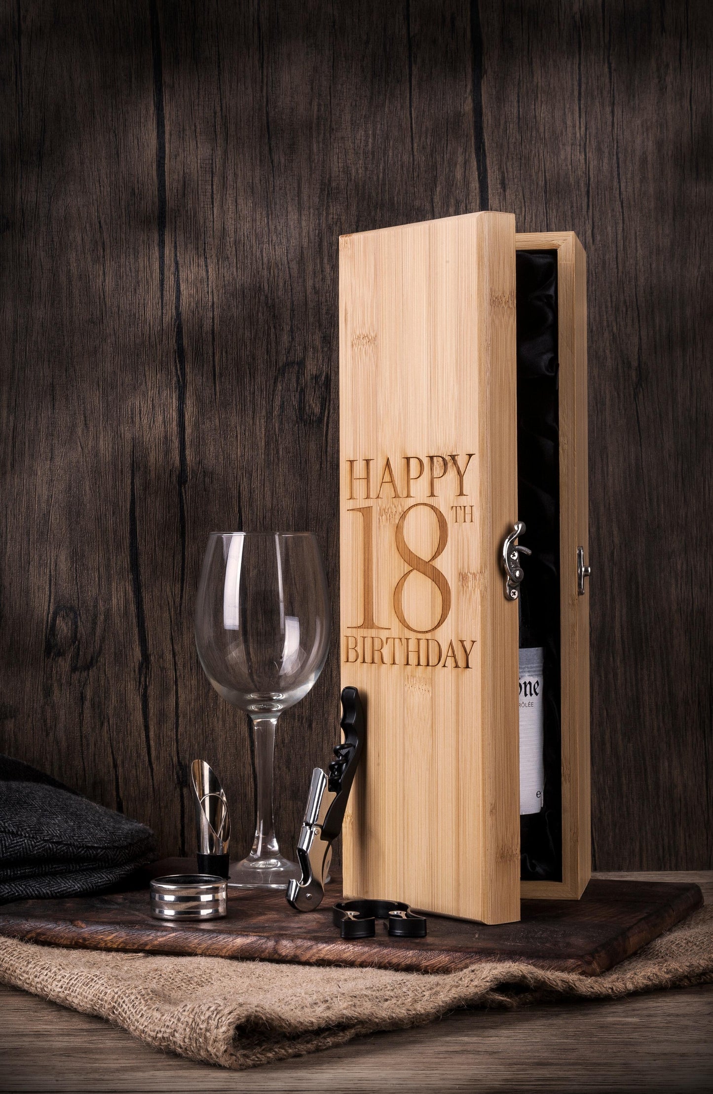 Personalised 18th birthday wooden presentation box with handcrafted pewter wine accessories including pourer, collar, foil cutter and corkscrew