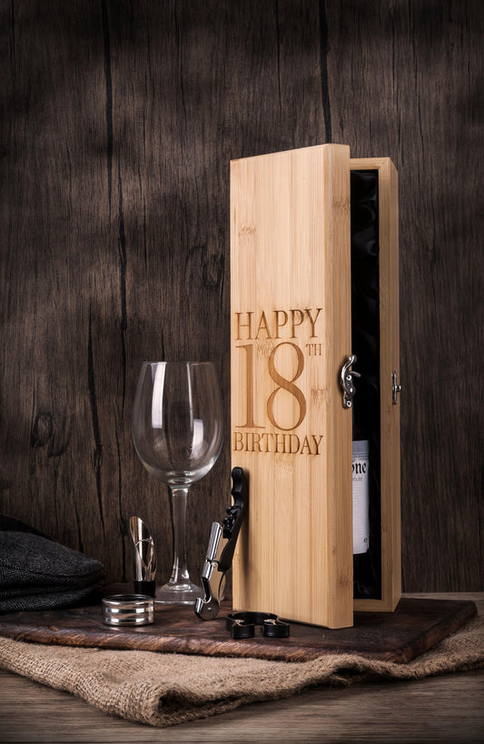Personalised 18th birthday wooden presentation box with handcrafted pewter wine accessories including pourer, collar, foil cutter and corkscrew