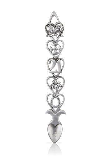 Welsh 21st birthday lovespoon in British pewter, featuring intricate carvings, 6-inch size, by My Store.