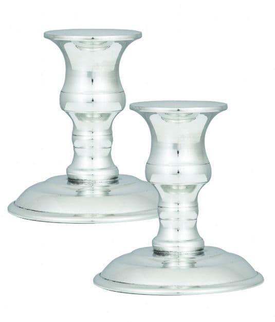 Handcrafted British pewter candlestick pair, 3.5 inches tall, perfect for ambient lighting and table decor.