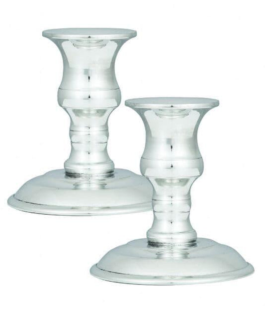 Handcrafted British pewter candlestick pair, 3.5 inches tall, perfect for ambient lighting and table decor.