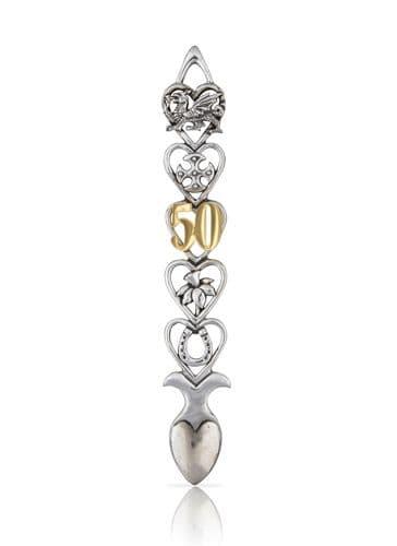 Handcrafted pewter lovespoon for 50th anniversary, featuring intricate design, available in multiple sizes by My Store