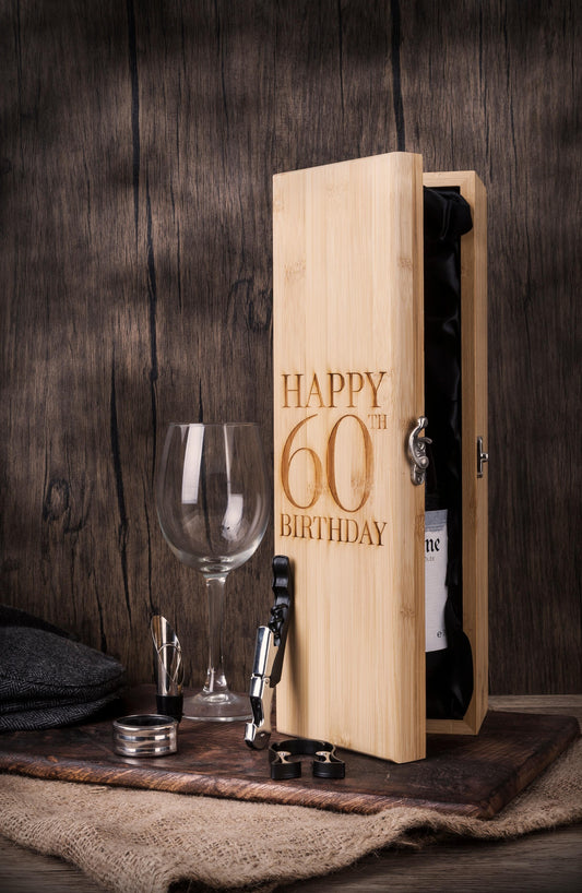 Personalised 60th birthday wooden presentation box with luxury wine accessories including pourer, collar, foil cutter and corkscrew
