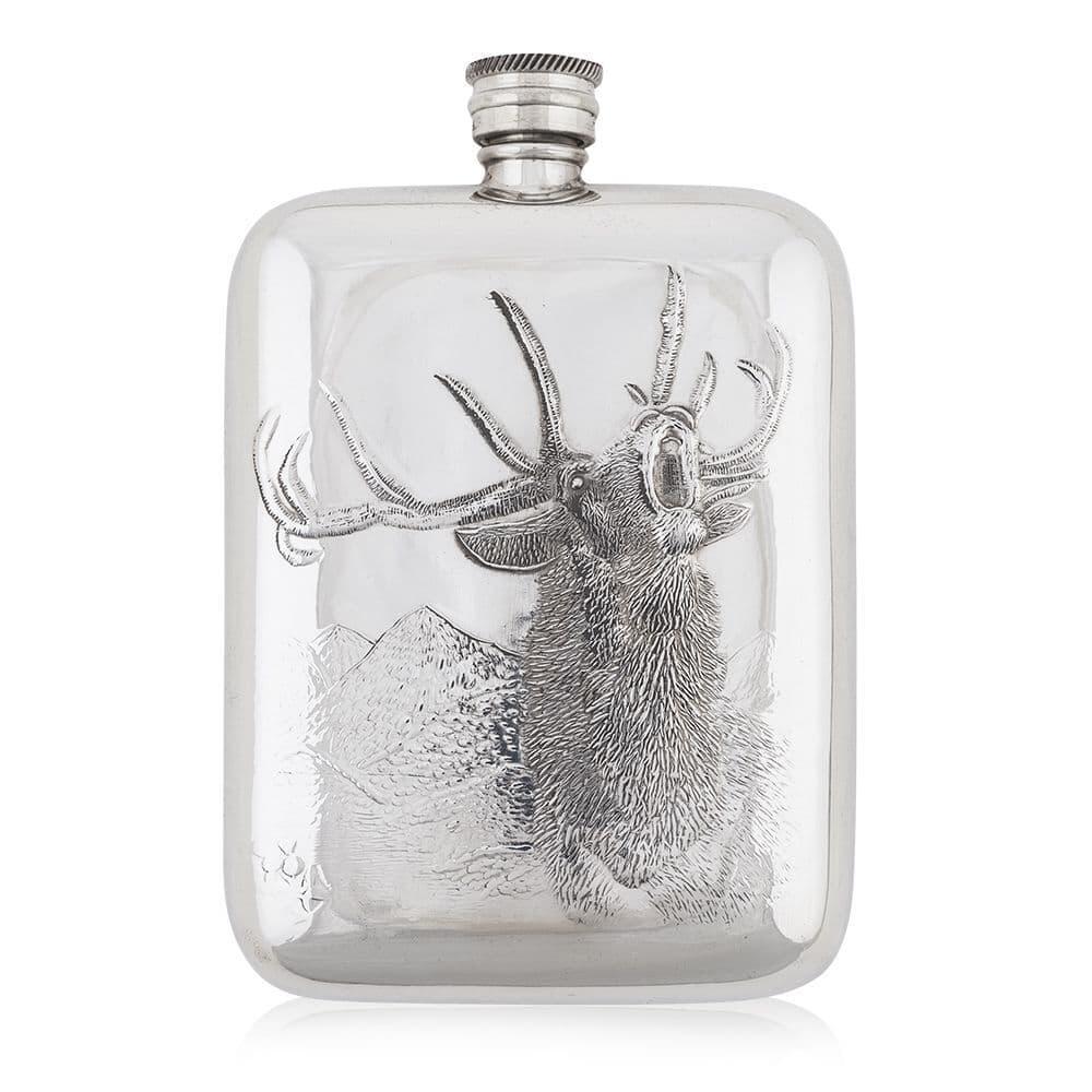 6oz pewter hip flask with embossed Highland stag design, British made by My Store