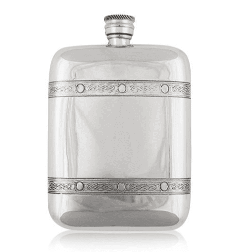 Handcrafted 6oz Celtic hip flask with pewter bands, British made, featuring intricate artisan design.