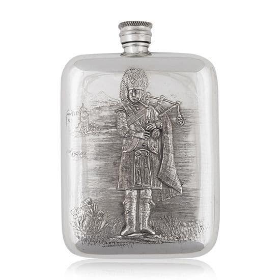 Handcrafted 6oz pewter hip flask featuring a Scottish bagpiper design by My Store