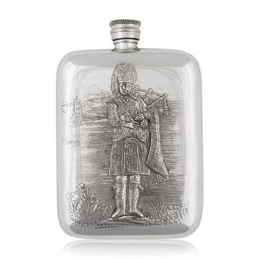 Handcrafted 6oz pewter hip flask featuring a Scottish bagpiper design by My Store