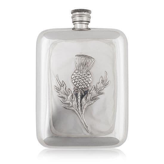 Engraved 6oz stainless steel thistle hip flask by My Store, featuring a sleek design for gentlemen and groomsmen.