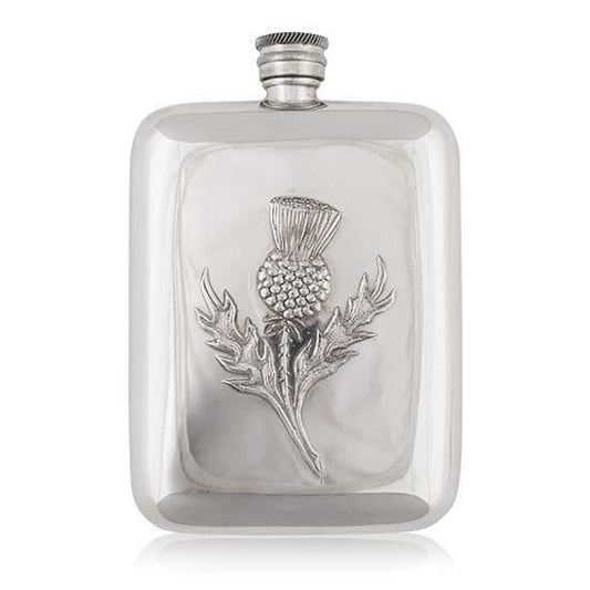 Engraved 6oz stainless steel thistle hip flask by My Store, featuring a sleek design for gentlemen and groomsmen.
