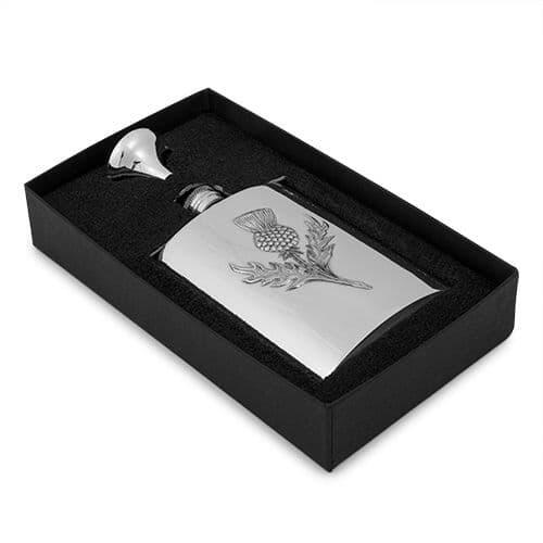 Engraved 6oz stainless steel thistle hip flask by My Store, featuring a sleek design for gentlemen and groomsmen.