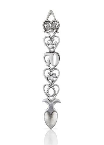 Handcrafted Welsh lovespoon in British pewter for 70th anniversary, featuring intricate designs and a 6-inch size.