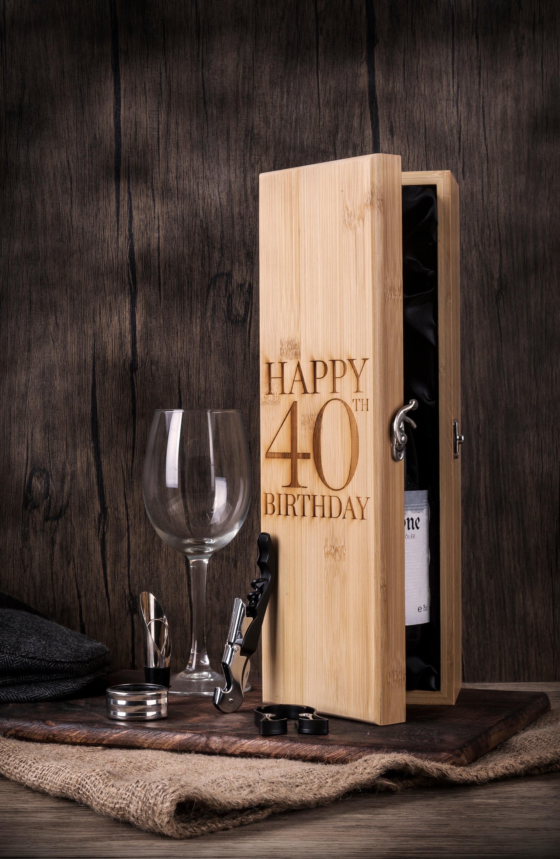 Personalised 40th birthday wooden presentation box with luxury wine accessories including pourer, collar, foil cutter and corkscrew