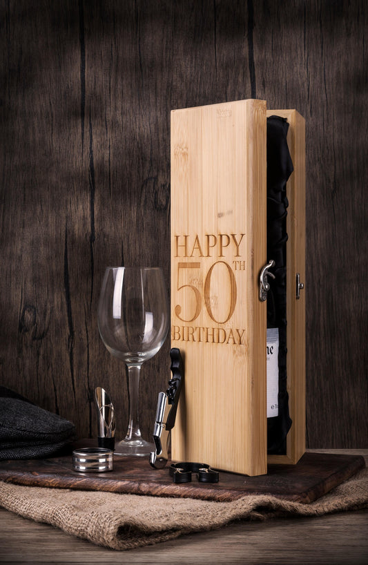 Personalised 50th birthday wooden presentation box with luxury wine accessories including pourer, collar, foil cutter and corkscrew