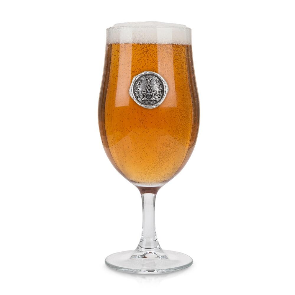 Personalised stemmed pint beer glass with pewter initial monogram, available in letters A, B, or C by The Gifting Corner