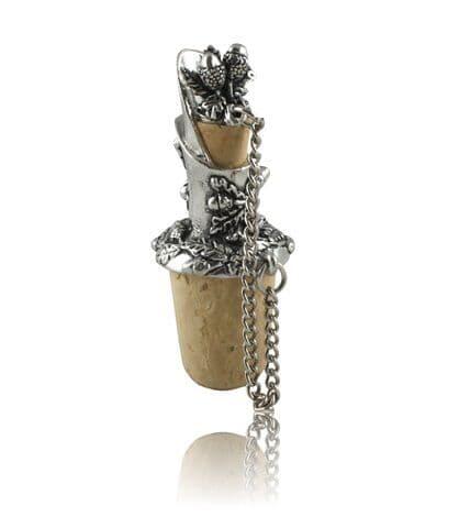 British pewter wine pourer featuring acorn and oak leaf design, perfect for drip-free pouring.
